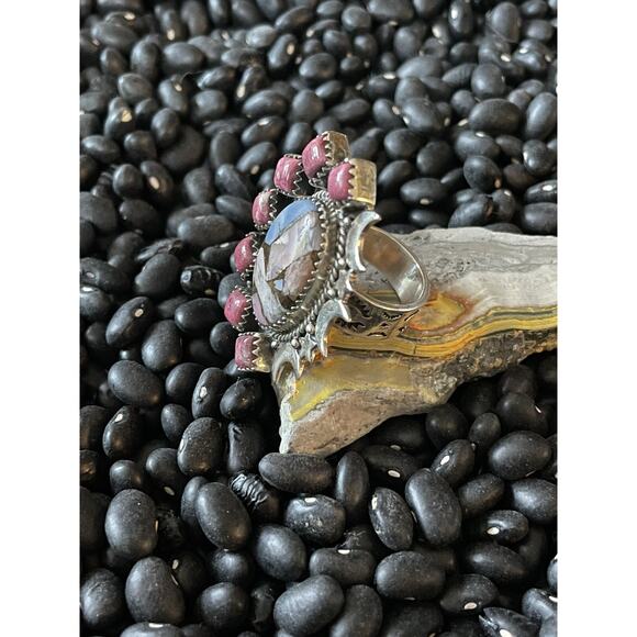 Sterling Silver Pink Rhodonite Multistone Stars & Moons Adjustable Ring~Stamped - Picture 6 of 8